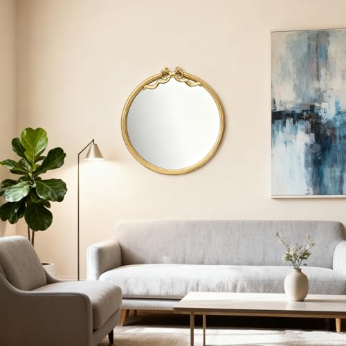 15.75" Gold Bow Decorative Round Mirror, Metal Frame Hanging Circle Mirror, Wall Mounted for Entryway, Bathroom, Vanity, Living Room