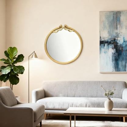 15.75" Gold Bow Decorative Round Mirror, Metal Frame Hanging Circle Mirror, Wall Mounted for Entryway, Bathroom, Vanity, Living Room