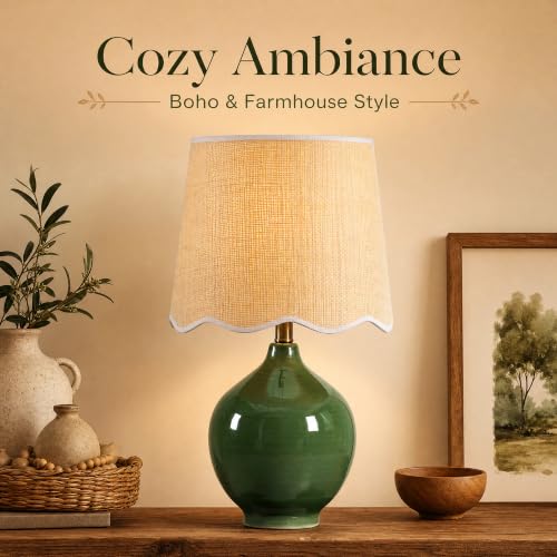 21"H Olive Green Ceramic Table Lamp with Beige Faux Rattan Drum Shade - color: Olive Green