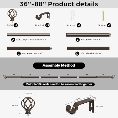 VOIIY Bronze Curtain Rod 36-88 Inch, Adjustable Curtain Rods for Windows - color: Bronze, size: 36"-88"|1 Pack
