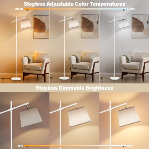 SIBRILLE Floor Lamp with Linen Shade, Dimmable Tall Standing Lamp with Remote Control & 3 Color Temperatures Bulb, Modern Swing Arm Floor Lamps for Living Room Bedroom Office Corner - color: Beige (White)