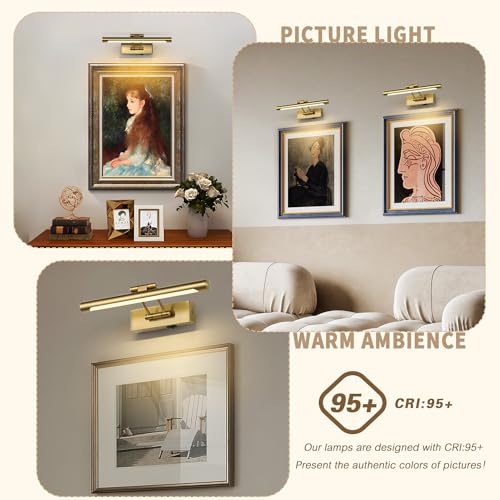 Battery Operated Picture Lights with Remote and Timer,Wireless Art Light for Paintings with Adjustable Swing Arm Brass Gallery Lights 12in Rechargeable Wall Sconce - color: Model B-Brass