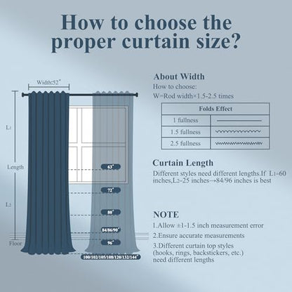 BOODII Linen Curtains 108 Inch Long 9ft for Living Room Blue 2 Panels - color: Blue, size: 52"W x 108"L (Pack of 2)