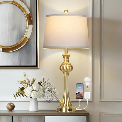 CINSARY Gold Table Lamp for Living Room, 29" Bedside Lamp with USB C+A - color: Gold