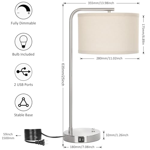 25" Tall Modern Bedside Lamp with USB C+A Ports, Fully Dimmable Table Lamp - color: Silver