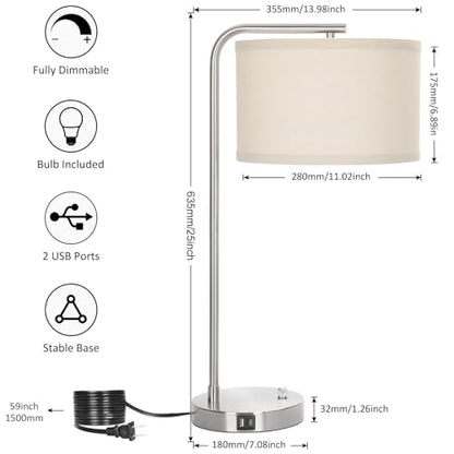 25" Tall Modern Bedside Lamp with USB C+A Ports, Fully Dimmable Table Lamp - color: Silver