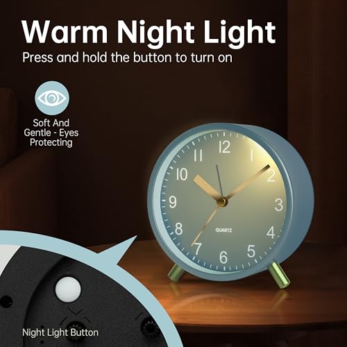 JALL Analog Alarm Clock, 4 inch Super Silent Non Ticking Small Clock with Night Light, Battery Operated, Simple Design, Easy Setting for Office, Bedroom, Bedside, Desk, Teens, Elders, Adult, SkyBlue - color: Blue