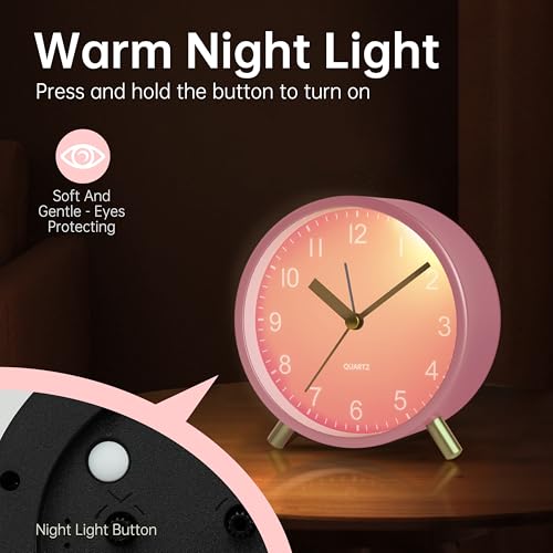 JALL Analog Alarm Clock, 4 inch Super Silent Non Ticking Small Clock with Night Light, Battery Operated, Simple Design, Easy Setting for Office, Bedroom, Bedside, Desk, Teens, Elders, Adult, Pink - color: Pink