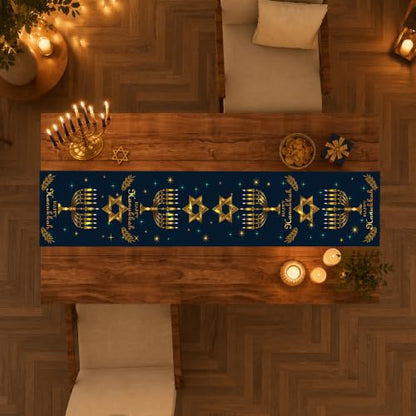 Hanukkah Decorations - Navy Blue Gold Hanukkah Table Runner - color: Navy Blue