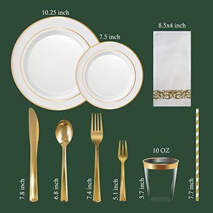 Neatiffy 225 Pcs Gold Rim Plastic Dinnerware Set (25 Guest) | 25 x (Dinner Plate, Dessert Plate, Gold Plastic Silverware, Cup, Napkin, Straw) | For Wedding, Luxurious Party, Special Event - color: Gold