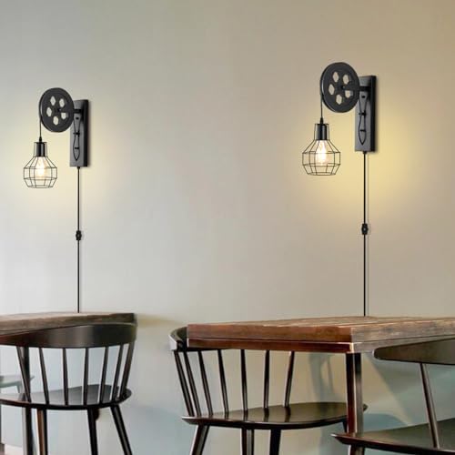 Plug in Wall Sconce Rustic Wall Light Lift Pulley Matte Iron Cage Shade Metal Black Industrial Mid Century Wall Lamp Indoor Lighting Barn Restaurant - color: Black-Plug in