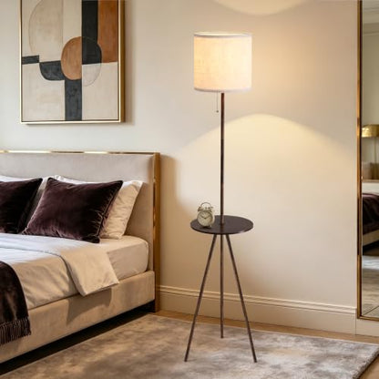 Floor Lamp with Side Table, Linen Shade, Standing Lamp for Living Room - color: Rustic Brown