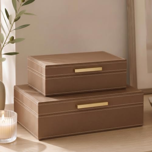 Decorative Storage Boxes with Lids - Set of 2 PU Leather Organizer Bins - color: Brown