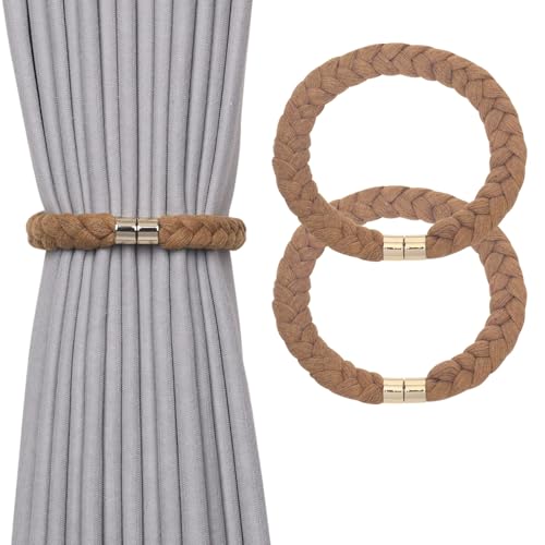 NICEEC 2 Pack Natural Cotton Rope Magnetic Curtain Tiebacks Elegant Twisted Braid Style Drape Tie Backs Soft Hand-Woven Rope Curtain Holdbacks for Home & Office Window Draperies (Khaki-02) - color: Khaki-02, size: 2 Pack
