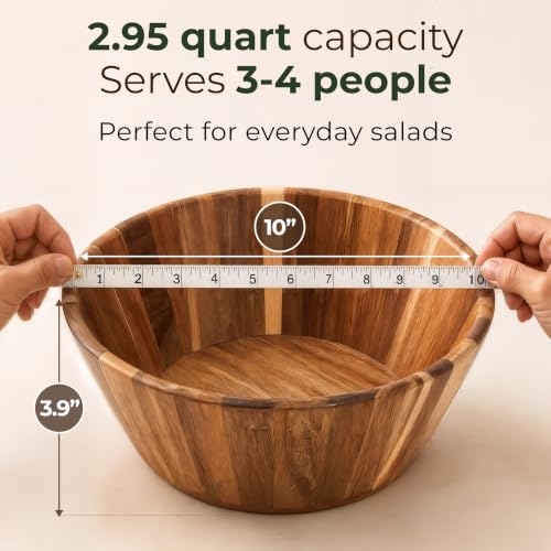 Acacia Wood Salad Bowl - Small Serving Wooden Bowl for Kitchen, 10"