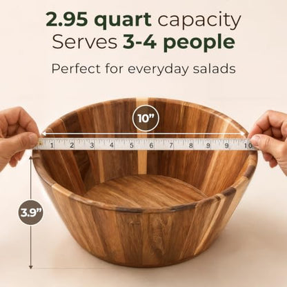 Acacia Wood Salad Bowl - Small Serving Wooden Bowl for Kitchen, 10"