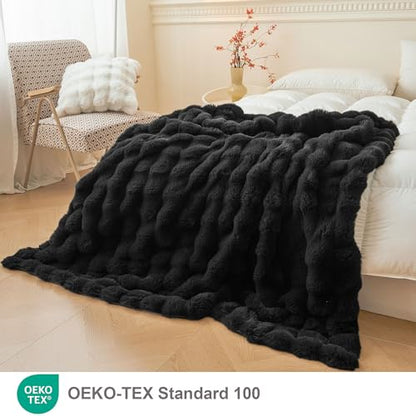 LIFEREVO Luxury Fluffy Faux Rabbit Fur Throw Blanket 60x80, Black - color: Black, size: 60" X 80"