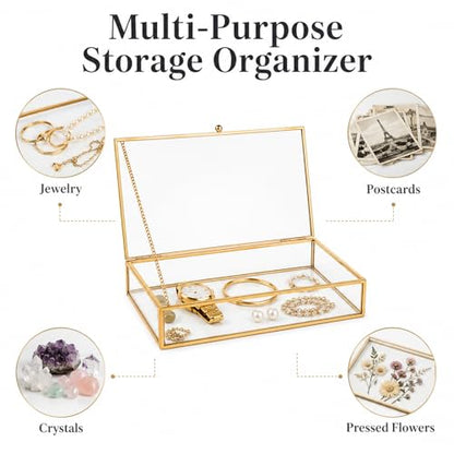 Feyarl Gold Glass Photo Cards Display Box Jewelry Trinket Ring Earring Post Cards Decorative Keepsake Box for Wedding Home Deco Dresser Coffee Table (8.66 x 5.9 x 1.96inch)
