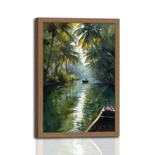Kerala India Wall Art Framed, Tropical Jungle River Canvas Print - color: Tropicaljungle, size: 12"L x 16"W