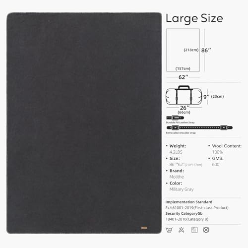 Molithe 100% Wool Blanket, 62" x 86", Warm, Thick, Military, Camping Gear - color: Military Gray, size: Large