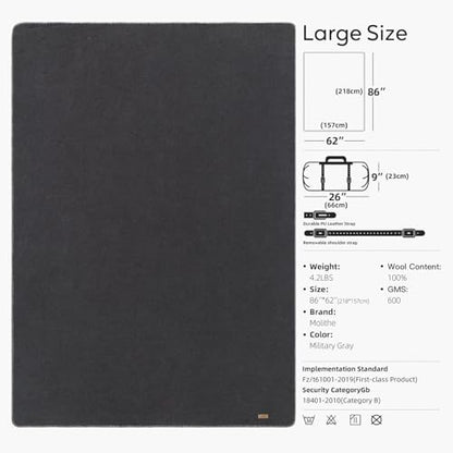 Molithe 100% Wool Blanket, 62" x 86", Warm, Thick, Military, Camping Gear - color: Military Gray, size: Large