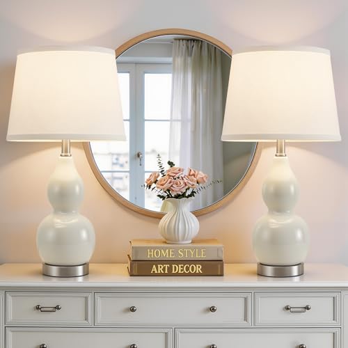 GyroVu 22" Table Lamp Set of 2, Color Temperature Adjustable Double Gourd Ceramic Lamps Classic Nightstand Table Lamps for Bedroom Beside Lamps for Living Room, Cream-Bulbs Included - color: 22.63" Cream Gourd