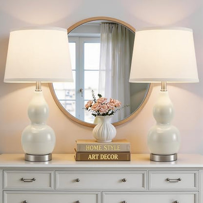GyroVu 22" Table Lamp Set of 2, Color Temperature Adjustable Double Gourd Ceramic Lamps Classic Nightstand Table Lamps for Bedroom Beside Lamps for Living Room, Cream-Bulbs Included - color: 22.63" Cream Gourd