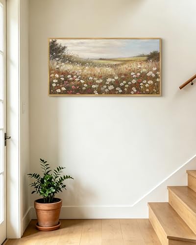KUVIOKE Vintage Landscape Framed Wall Art 20x40in Large Grassland Meadow Wildflower Field Wall Prints Classic Retro Farmhouse Rustic Decorations for Living Room Bedroom (Natural Framed) - color: Vintage Wildflower, size: 40"L x 20"W