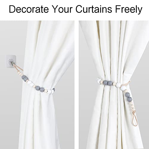2 Pack Wood Bead Curtain Tieback, Boho Curtain Holdback for Wall - color: White, Gray, Wood Color