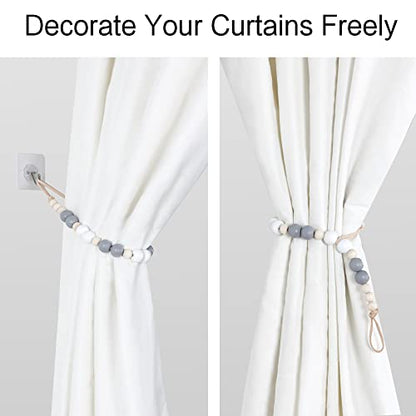 2 Pack Wood Bead Curtain Tieback, Boho Curtain Holdback for Wall - color: White, Gray, Wood Color