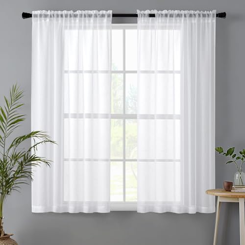 MIULEE White Linen Textured Semi-Sheer Curtains 42W×54L Kitchen 2 Panels - color: White, size: 42"W x 54"L (Pack of 2)