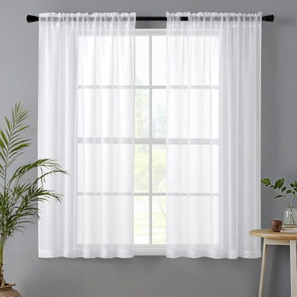 MIULEE White Linen Textured Semi-Sheer Curtains 42W×54L Kitchen 2 Panels - color: White, size: 42"W x 54"L (Pack of 2)