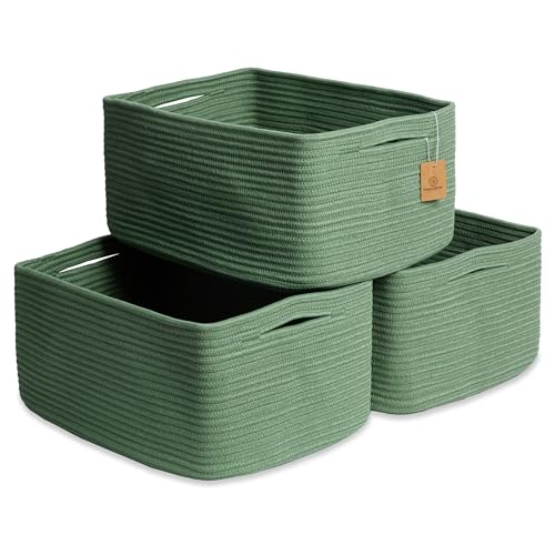 NaturalCozy Storage Baskets 16.8”x13”x7.6” Cotton Rope Woven Baskets for Organizing 3-Pack | Toy Storage Bins | Basket for Shelves, Laundry, Blanket, Clothes, Closet, Kitchen, Bathroom, Gifts - color: Green