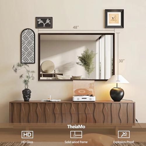Wood Bathroom Mirror, 48"x30" Walnut Wall Mirror for Over Sink