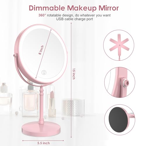 DEIOVWXS Makeup Mirror, Rechargeable Vanity Mirror with 3 Lights, 1X/10X - color: Pink