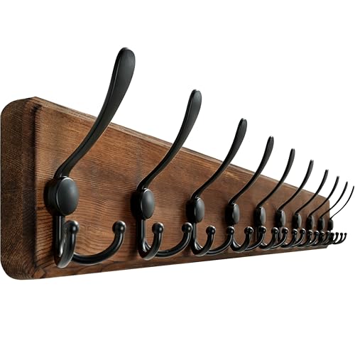 WEBI Coat Rack Wall Mount,38 9/16" Long,10 Hooks,Coat Hooks Wall Mounted,Coat Hanger Wall,Farmhouse Wood Hook Rack Rail,Triple Hooks for Hanging Coats,Clothes,Jacket,Brown - color: Brown, size: 10 Hooks