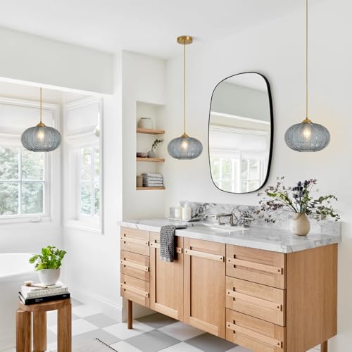 KCO Lighting Large Glass Pendant Lights Kitchen Island Brass Gold Pendant Light Gold Globe Hanging Light Smoked Striped Glass Pendant Light Mid Century Modern Dining Room Light Fixture - color: 25cm-Smoke Gray