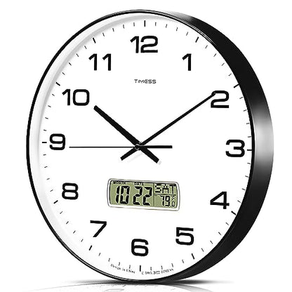 TIMESS 14-Inch Non-Ticking Analog Wall Clock with LCD Display, Black - color: Black, size: 14 Inch