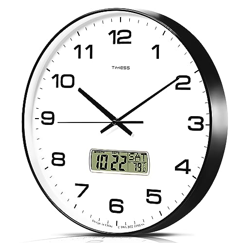 TIMESS 14-Inch Non-Ticking Analog Wall Clock with LCD Display, Black - color: Black, size: 14 Inch