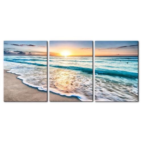 Pacimo 3 Panels Beach Canvas Wall Art for Home Decor Blue Sea Sunset White Beach Painting The Picture Print on Canvas Seascape The Pictures for Home Decor Decoration Ready to Hang - 20"x28"x3 Panels - color: Wallart-16, size: 20" x 28" x 3 Panels