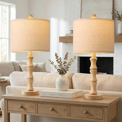 BOBOMOMO 20.5" Farmhouse Table Lamps Set of 2, Rustic Nightstand Lamps with Wood Grain Resin Base & Linen Shade, Small Bedside Lamps for Bedroom, Living Room, Apartment Side Table & Small Spaces - color: SMALL 20.5"-Burlywood Color