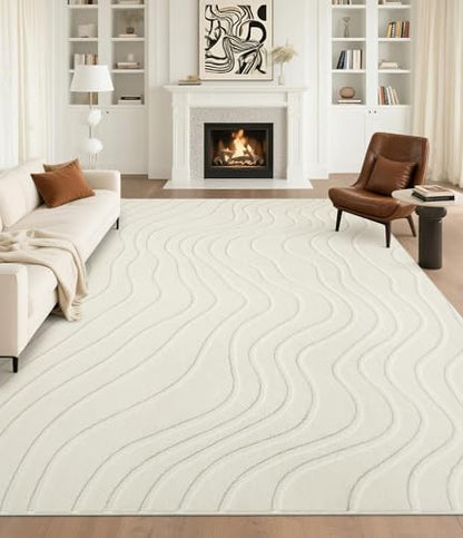 YIHOUSE 6x9 Abstract Wave Striped Area Rug, Modern Washable High-Low Pile Rug, Soft Textured Carpet for Living Room, Bedroom,Dining Room, Beige Ivory White - size: 6' x 9'