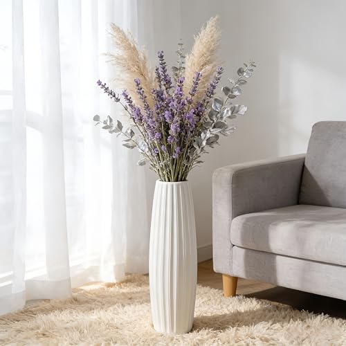 White Tall Ceramic Floor Vase, 24 Inch, Ribbed Drum Design - color: Vertical Stripes, size: Height-24 Inch