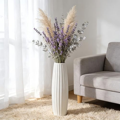 White Tall Ceramic Floor Vase, 24 Inch, Ribbed Drum Design - color: Vertical Stripes, size: Height-24 Inch
