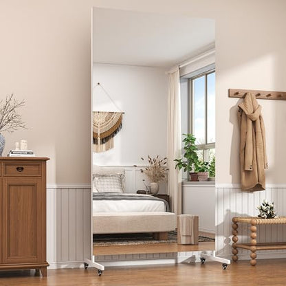 Hasipu 74.8" x 31.4" Full Length Floor Mirror on Wheels, White - size: 74.8"L x 31.4"W