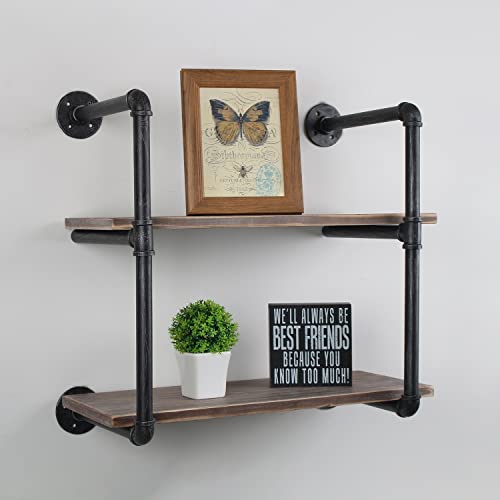 MBQQ Industrial Pipe Shelving Wall Mounted,24in Rustic Metal Floating Shelves,Steampunk Real Wood Book Shelves,Wall Shelf Unit Bookshelf Hanging Wall Shelves,Farmhouse Kitchen Bar Shelving(2 Tier) - color: 2-layer, size: 24in