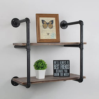 MBQQ Industrial Pipe Shelving Wall Mounted,24in Rustic Metal Floating Shelves,Steampunk Real Wood Book Shelves,Wall Shelf Unit Bookshelf Hanging Wall Shelves,Farmhouse Kitchen Bar Shelving(2 Tier) - color: 2-layer, size: 24in