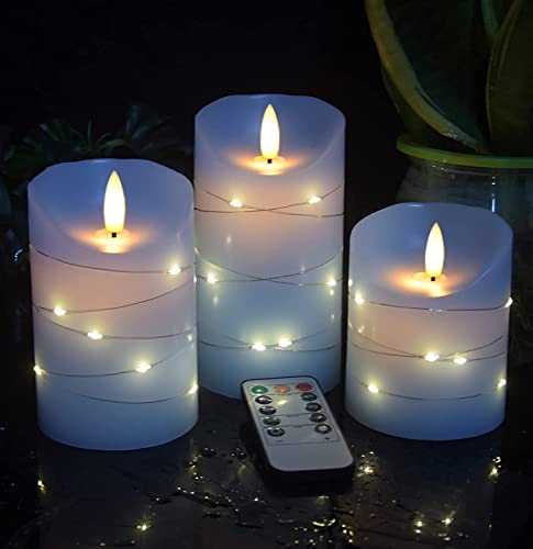 danip Sky Blue LED Flameless Candle with Embedded Starlight String, 3 LED Candles, 11 Key Remote Control, 24 Hour Timer Function, Dancing Flame, True Wax, Battery Powered. (Sky Blue) - color: BlueA#1*3