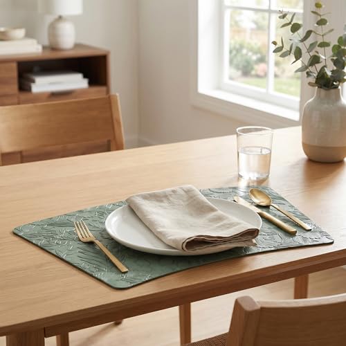 Faux Leather Set of 6, Placemats with Carving Floral Design - color: Green