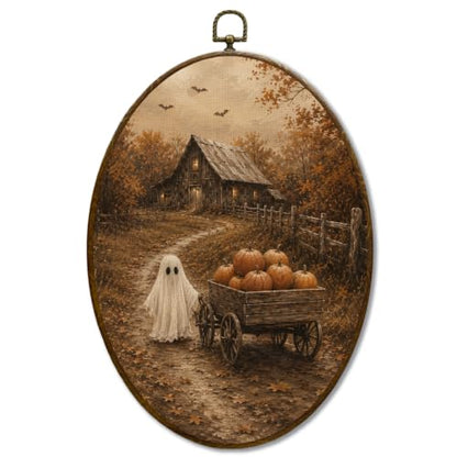 JQF Fall Halloween Ghost Pumpkin Oval Wall Decor Framed 8.5x11.5 Inch - color: ghost-10